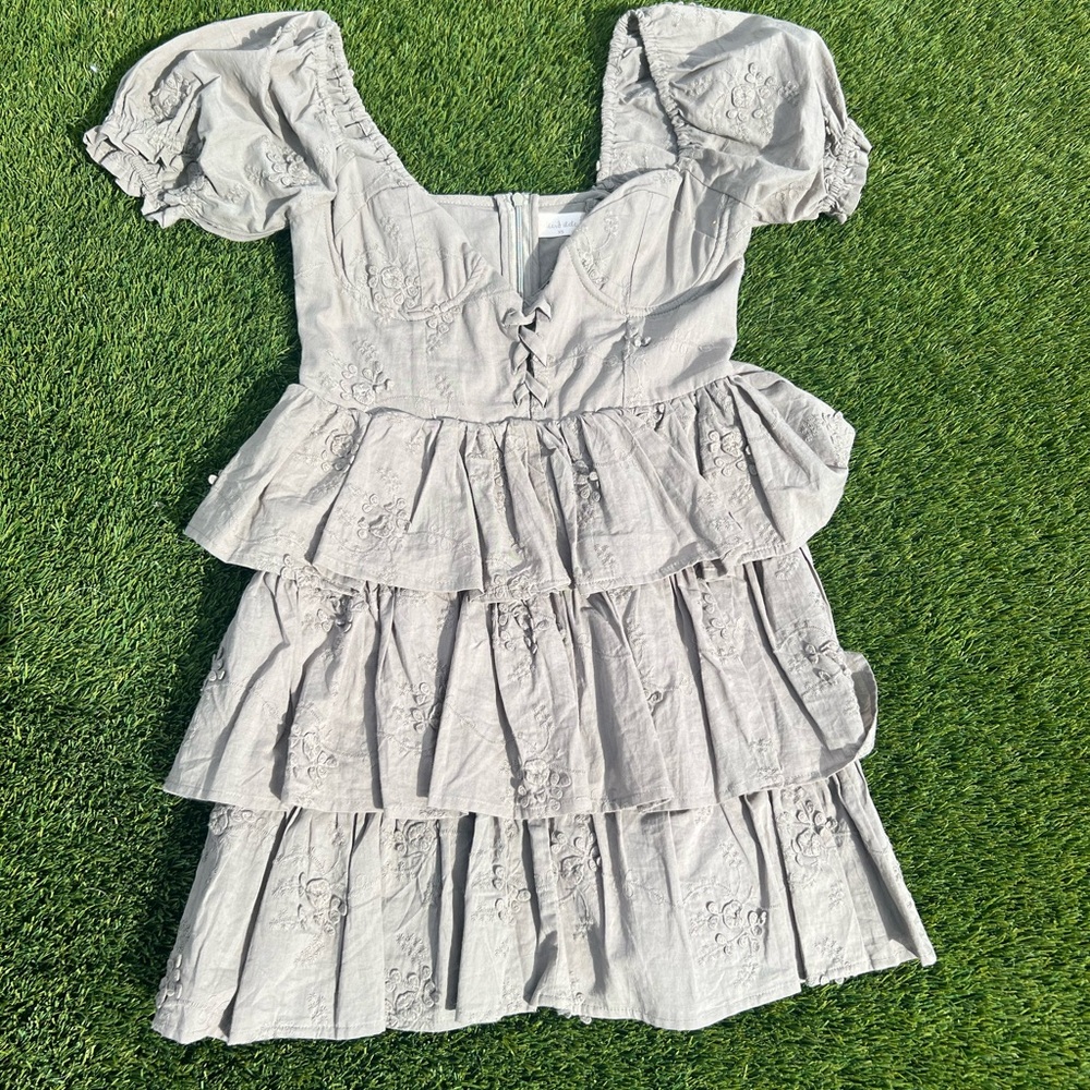 Olive Tiered Dress with Puff Sleeves